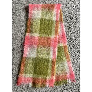 Vintage HOT PINK White & AVOCADO GREEN Soft MOHAIR SCARF Muffler Scotland 9.5x48